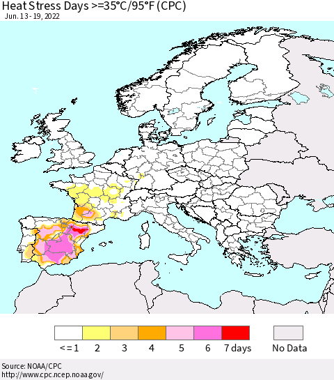 Europe Heat Stress Days >=35°C/95°F (CPC) Thematic Map For 6/13/2022 - 6/19/2022