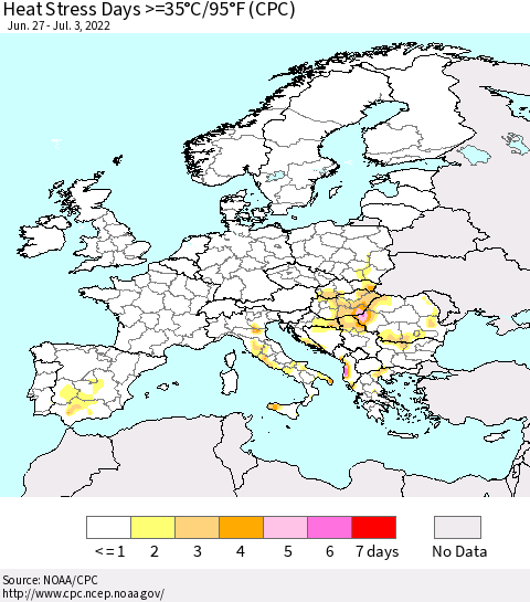 Europe Heat Stress Days >=35°C/95°F (CPC) Thematic Map For 6/27/2022 - 7/3/2022