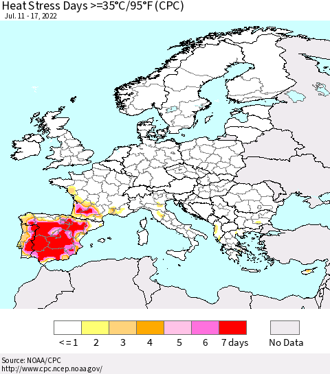 Europe Heat Stress Days >=35°C/95°F (CPC) Thematic Map For 7/11/2022 - 7/17/2022