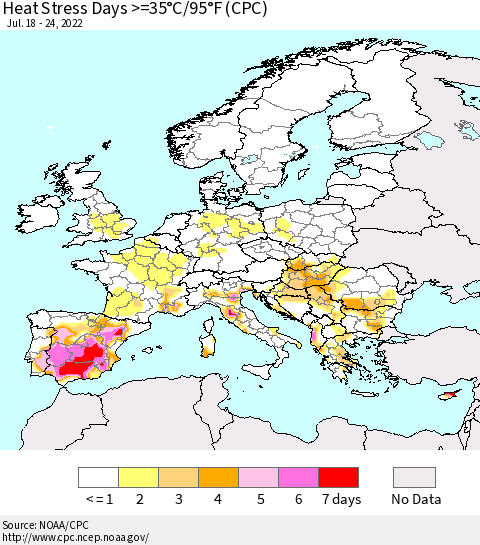 Europe Heat Stress Days >=35°C/95°F (CPC) Thematic Map For 7/18/2022 - 7/24/2022