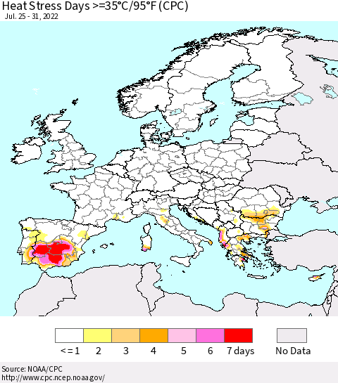 Europe Heat Stress Days >=35°C/95°F (CPC) Thematic Map For 7/25/2022 - 7/31/2022