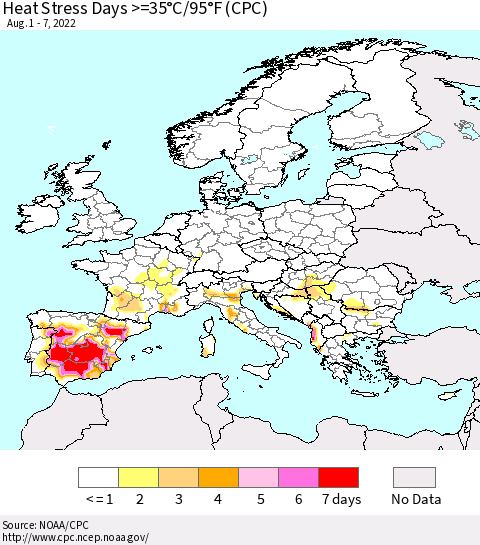 Europe Heat Stress Days >=35°C/95°F (CPC) Thematic Map For 8/1/2022 - 8/7/2022