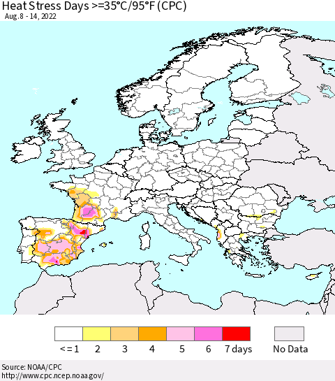 Europe Heat Stress Days >=35°C/95°F (CPC) Thematic Map For 8/8/2022 - 8/14/2022