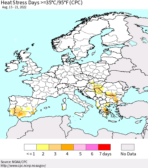 Europe Heat Stress Days >=35°C/95°F (CPC) Thematic Map For 8/15/2022 - 8/21/2022