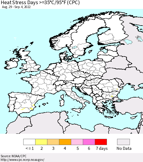 Europe Heat Stress Days >=35°C/95°F (CPC) Thematic Map For 8/29/2022 - 9/4/2022