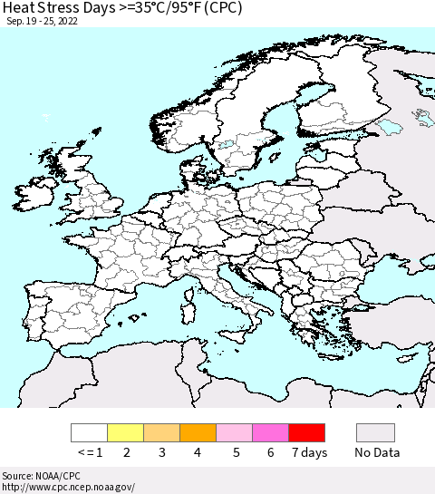 Europe Heat Stress Days >=35°C/95°F (CPC) Thematic Map For 9/19/2022 - 9/25/2022
