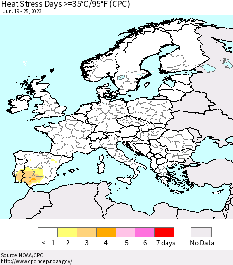 Europe Heat Stress Days >=35°C/95°F (CPC) Thematic Map For 6/19/2023 - 6/25/2023