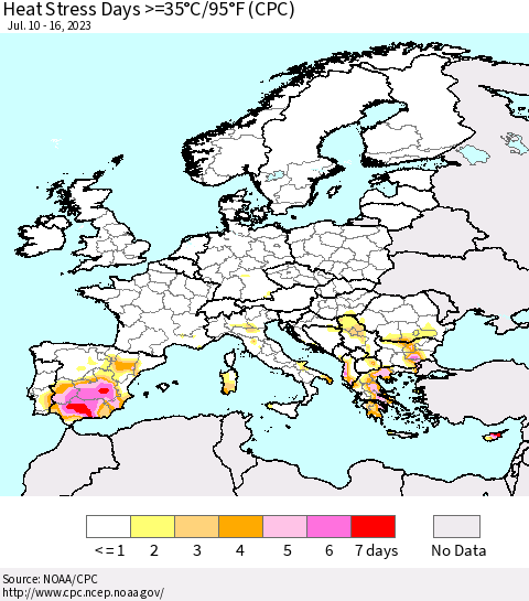 Europe Heat Stress Days >=35°C/95°F (CPC) Thematic Map For 7/10/2023 - 7/16/2023