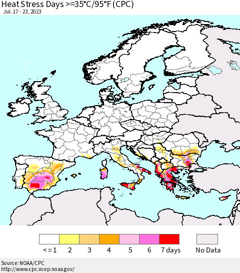 Europe Heat Stress Days >=35°C/95°F (CPC) Thematic Map For 7/17/2023 - 7/23/2023