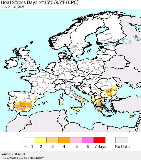 Europe Heat Stress Days >=35°C/95°F (CPC) Thematic Map For 7/24/2023 - 7/30/2023