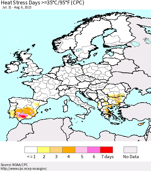 Europe Heat Stress Days >=35°C/95°F (CPC) Thematic Map For 7/31/2023 - 8/6/2023