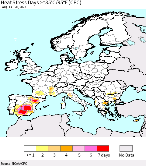 Europe Heat Stress Days >=35°C/95°F (CPC) Thematic Map For 8/14/2023 - 8/20/2023