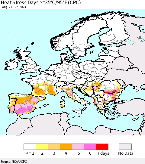 Europe Heat Stress Days >=35°C/95°F (CPC) Thematic Map For 8/21/2023 - 8/27/2023