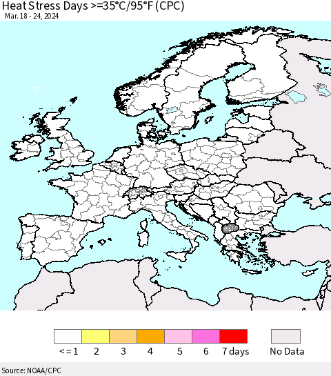 Europe Heat Stress Days >=35°C/95°F (CPC) Thematic Map For 3/18/2024 - 3/24/2024