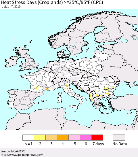 Europe Heat Stress Days (Croplands) >=35°C/95°F (CPC) Thematic Map For 7/1/2019 - 7/7/2019