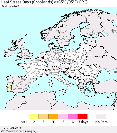 Europe Heat Stress Days (Croplands) >=35°C/95°F (CPC) Thematic Map For 7/8/2019 - 7/14/2019