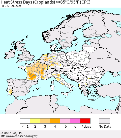 Europe Heat Stress Days (Croplands) >=35°C/95°F (CPC) Thematic Map For 7/22/2019 - 7/28/2019
