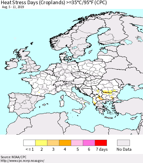Europe Heat Stress Days (Croplands) >=35°C/95°F (CPC) Thematic Map For 8/5/2019 - 8/11/2019