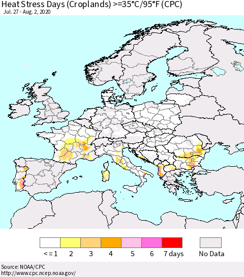 Europe Heat Stress Days (Croplands) >=35°C/95°F (CPC) Thematic Map For 7/27/2020 - 8/2/2020