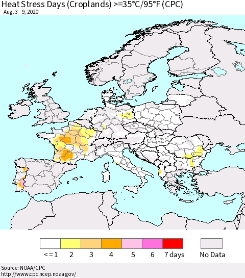Europe Heat Stress Days (Croplands) >=35°C/95°F (CPC) Thematic Map For 8/3/2020 - 8/9/2020