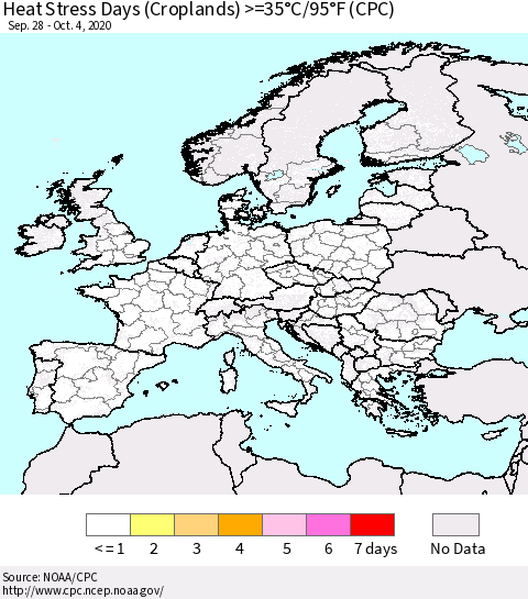 Europe Heat Stress Days (Croplands) >=35°C/95°F (CPC) Thematic Map For 9/28/2020 - 10/4/2020