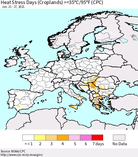 Europe Heat Stress Days (Croplands) >=35°C/95°F (CPC) Thematic Map For 6/21/2021 - 6/27/2021