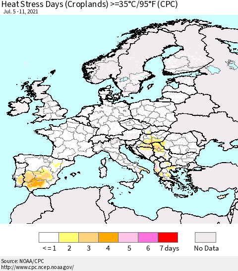 Europe Heat Stress Days (Croplands) >=35°C/95°F (CPC) Thematic Map For 7/5/2021 - 7/11/2021