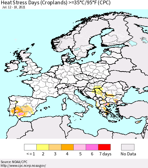 Europe Heat Stress Days (Croplands) >=35°C/95°F (CPC) Thematic Map For 7/12/2021 - 7/18/2021