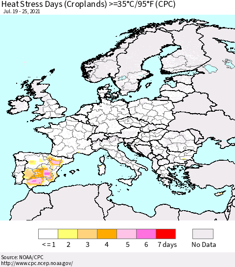 Europe Heat Stress Days (Croplands) >=35°C/95°F (CPC) Thematic Map For 7/19/2021 - 7/25/2021