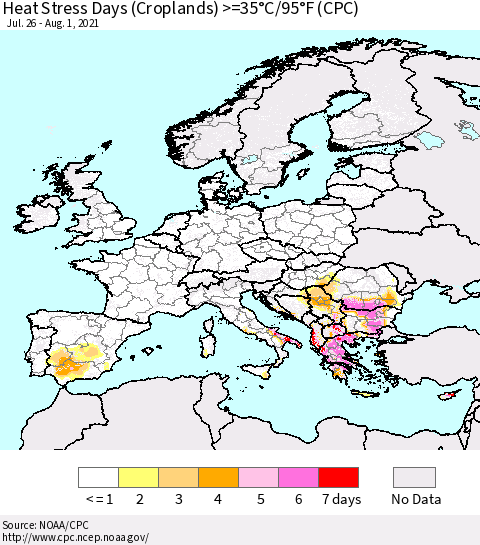 Europe Heat Stress Days (Croplands) >=35°C/95°F (CPC) Thematic Map For 7/26/2021 - 8/1/2021