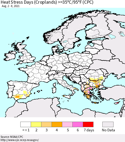 Europe Heat Stress Days (Croplands) >=35°C/95°F (CPC) Thematic Map For 8/2/2021 - 8/8/2021