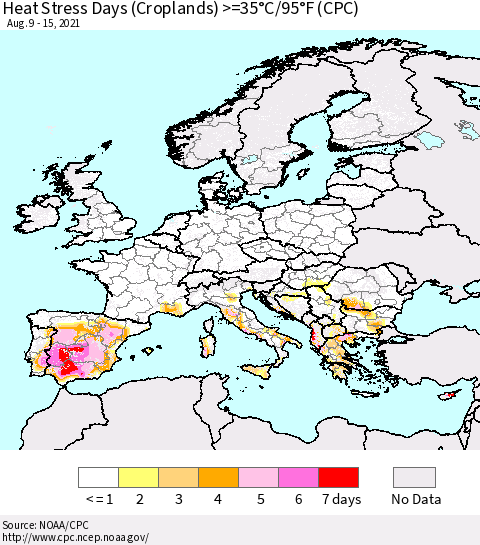 Europe Heat Stress Days (Croplands) >=35°C/95°F (CPC) Thematic Map For 8/9/2021 - 8/15/2021