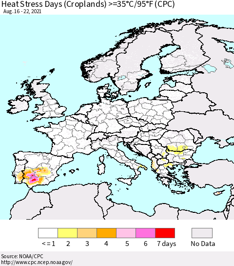 Europe Heat Stress Days (Croplands) >=35°C/95°F (CPC) Thematic Map For 8/16/2021 - 8/22/2021