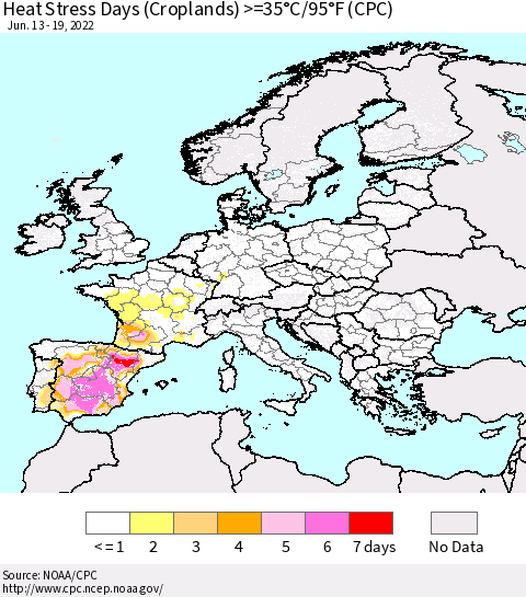 Europe Heat Stress Days (Croplands) >=35°C/95°F (CPC) Thematic Map For 6/13/2022 - 6/19/2022