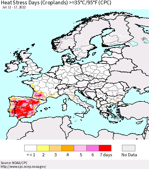 Europe Heat Stress Days (Croplands) >=35°C/95°F (CPC) Thematic Map For 7/11/2022 - 7/17/2022