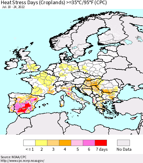 Europe Heat Stress Days (Croplands) >=35°C/95°F (CPC) Thematic Map For 7/18/2022 - 7/24/2022
