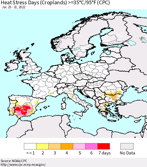 Europe Heat Stress Days (Croplands) >=35°C/95°F (CPC) Thematic Map For 7/25/2022 - 7/31/2022