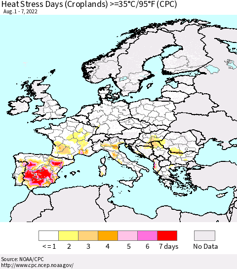 Europe Heat Stress Days (Croplands) >=35°C/95°F (CPC) Thematic Map For 8/1/2022 - 8/7/2022