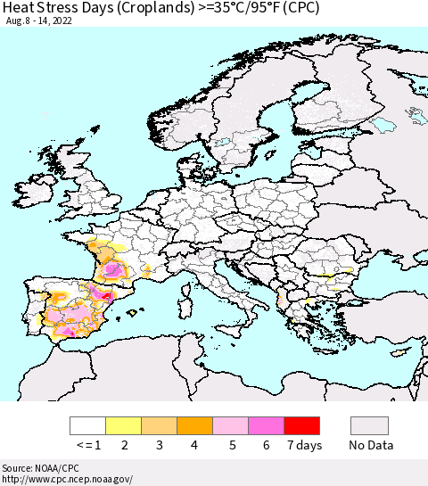 Europe Heat Stress Days (Croplands) >=35°C/95°F (CPC) Thematic Map For 8/8/2022 - 8/14/2022