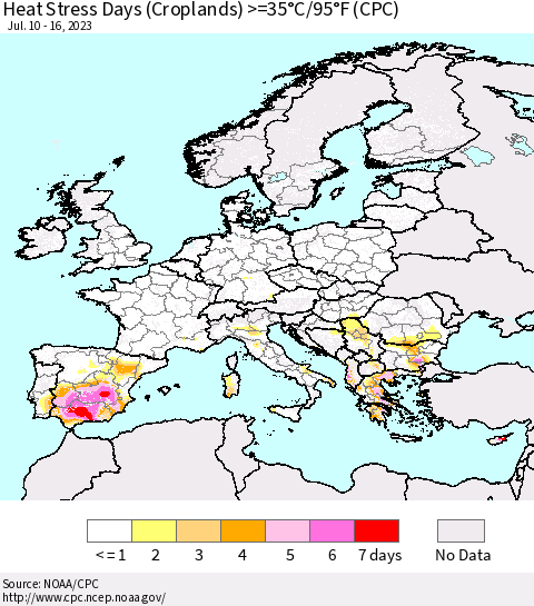 Europe Heat Stress Days (Croplands) >=35°C/95°F (CPC) Thematic Map For 7/10/2023 - 7/16/2023