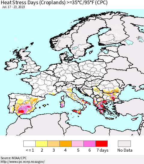 Europe Heat Stress Days (Croplands) >=35°C/95°F (CPC) Thematic Map For 7/17/2023 - 7/23/2023
