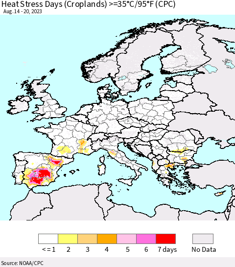 Europe Heat Stress Days (Croplands) >=35°C/95°F (CPC) Thematic Map For 8/14/2023 - 8/20/2023