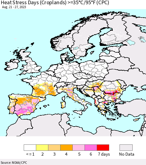 Europe Heat Stress Days (Croplands) >=35°C/95°F (CPC) Thematic Map For 8/21/2023 - 8/27/2023