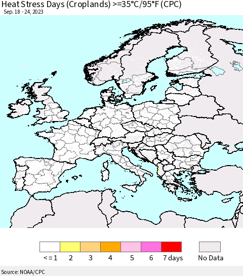 Europe Heat Stress Days (Croplands) >=35°C/95°F (CPC) Thematic Map For 9/18/2023 - 9/24/2023