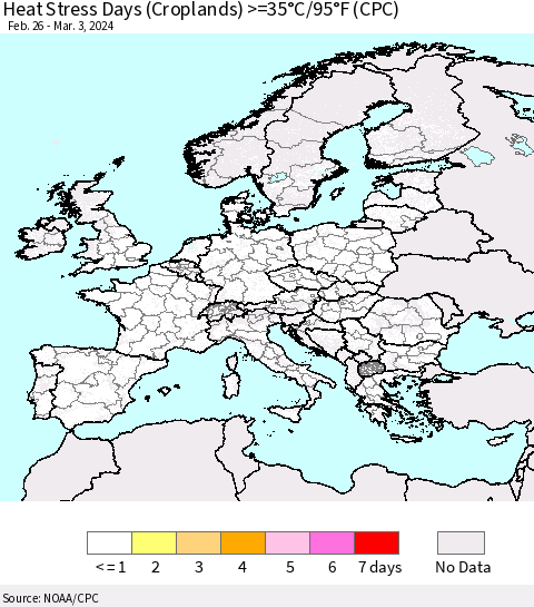 Europe Heat Stress Days (Croplands) >=35°C/95°F (CPC) Thematic Map For 2/26/2024 - 3/3/2024