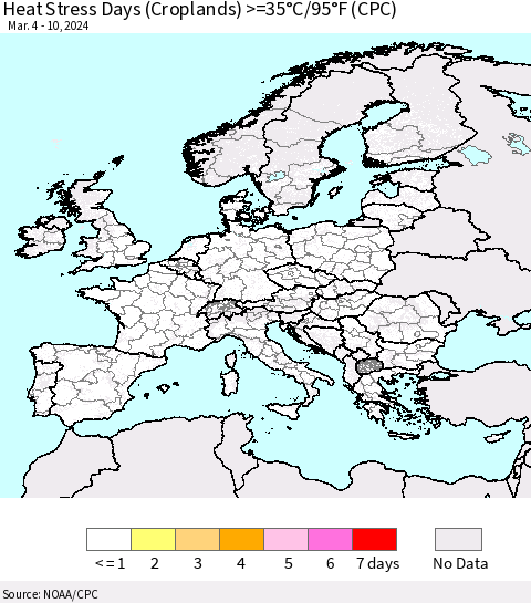 Europe Heat Stress Days (Croplands) >=35°C/95°F (CPC) Thematic Map For 3/4/2024 - 3/10/2024