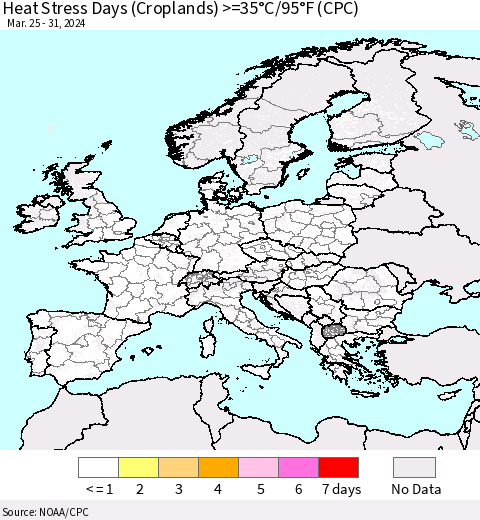 Europe Heat Stress Days (Croplands) >=35°C/95°F (CPC) Thematic Map For 3/25/2024 - 3/31/2024