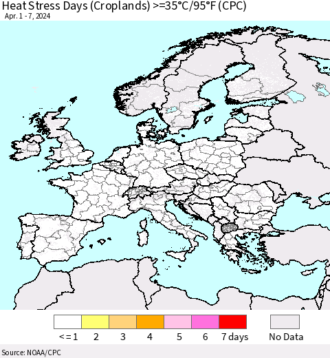 Europe Heat Stress Days (Croplands) >=35°C/95°F (CPC) Thematic Map For 4/1/2024 - 4/7/2024