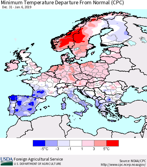 Europe Mean Minimum Temperature Departure from Normal (CPC) Thematic Map For 12/31/2018 - 1/6/2019
