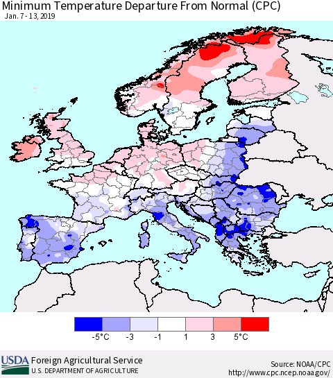 Europe Mean Minimum Temperature Departure from Normal (CPC) Thematic Map For 1/7/2019 - 1/13/2019
